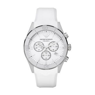 Emporio Armani Mens Rubber White Ceramic Chrono Watch AR1435