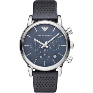 Emporio Armani Mens Blue Silver Classic Leather Watch AR1736