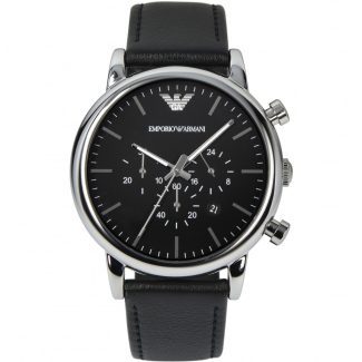 Emporio Armani Mens Black Silver Classic Leather Watch AR1828