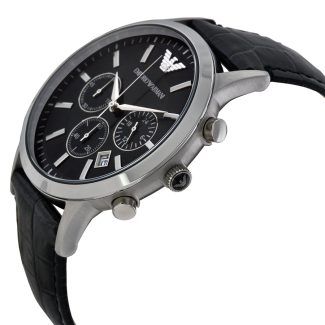 Emporio Armani Mens Black Leather Chronograph Watch AR2447