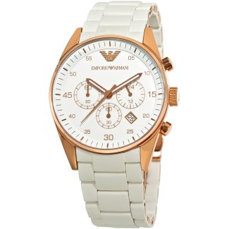 Emporio Armani Mens White Rose Gold Rubber & Steel Watch AR5919