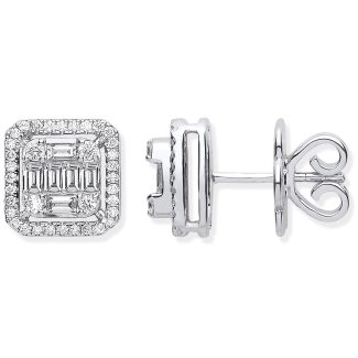 18ct White Gold 0.90ct Round Baguette Diamond Stud Earrings H/SI-0