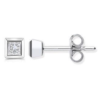 18ct White Gold 0.20ct Rub over Set Princess Cut 3.5mm Diamond Stud Earrings-0