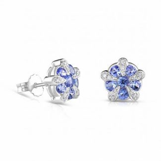 9ct White Gold with 0.44ct Tanzanite & 0.08ct Diamond Stud 9mm Earrings-0