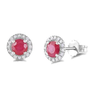 9ct White Gold 0.9ct Round Ruby Stud, 0.15ct Diamond Earrings-0