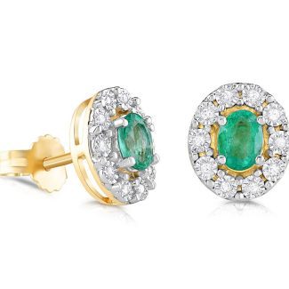 9ct Yellow Gold with 0.60ct Emerald & 0.08ct Diamond Oval Stud Earrings-0