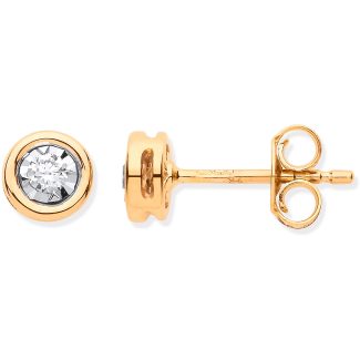 9ct Italian Yellow Gold with Rub-Over Illusion 0.10ct Diamond Studs Earrings-0