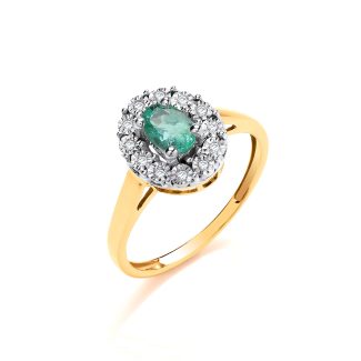9ct Yellow Gold 0.40ct Emerald Cluster & 0.05ct Diamond Ring-0