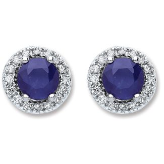 9ct White Gold Round Blue Sapphire Stud 0.15ct Diamond Earrings-0