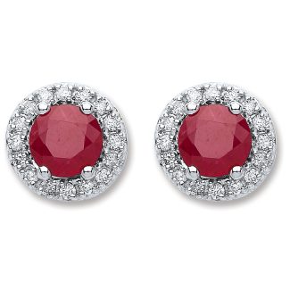 9ct White Gold 0.9ct Round Ruby Stud, 0.15ct Diamond Earrings-14144