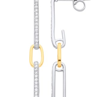 9ct White & Yellow Gold with 0.18ct Link Drop Diamond Earrings-0