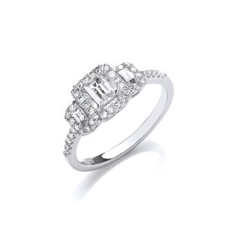 18ct White Gold Emerald Cut Diamond 0.75ct Halo Style Trilogy Ring-0