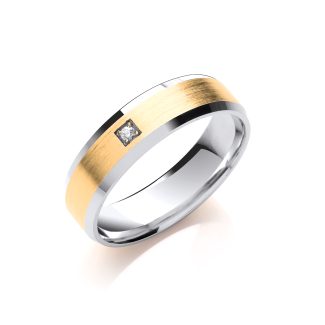 Brilliant Cut 0.02ct S/S Diamond Set 6mm Flat Court Bevelled Edge Matt Centre Wedding Band-0