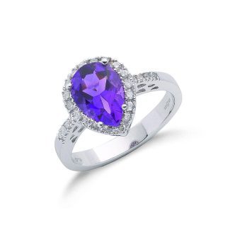 9ct White Gold 0.18ct Diamond & 1.60ct Pear Cut Amethyst Ring-0