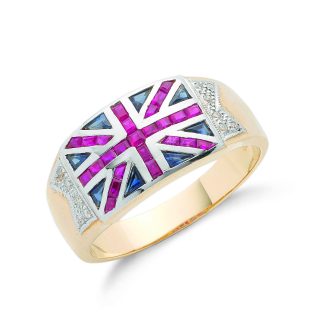 9ct Yellow Gold 0.06ct Diamond 0.30ct Blue Sapphire &1.00ct Ruby Union Jack Ring-0