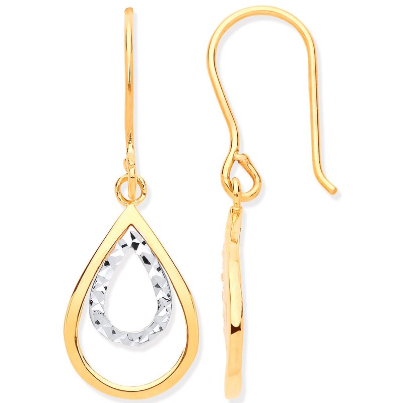 9ct Yellow & White Gold Teardrop Shaped Hook Earrings-0