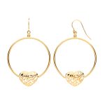 9ct Yellow Gold Round Tube, Filigree Heart, Hook Style Earrings-0